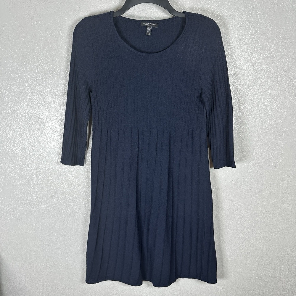 Eileen Fisher 100% Wool Ribbed Knit Pleated A-line Dress PP Navy Blue 3/4 Sleeve